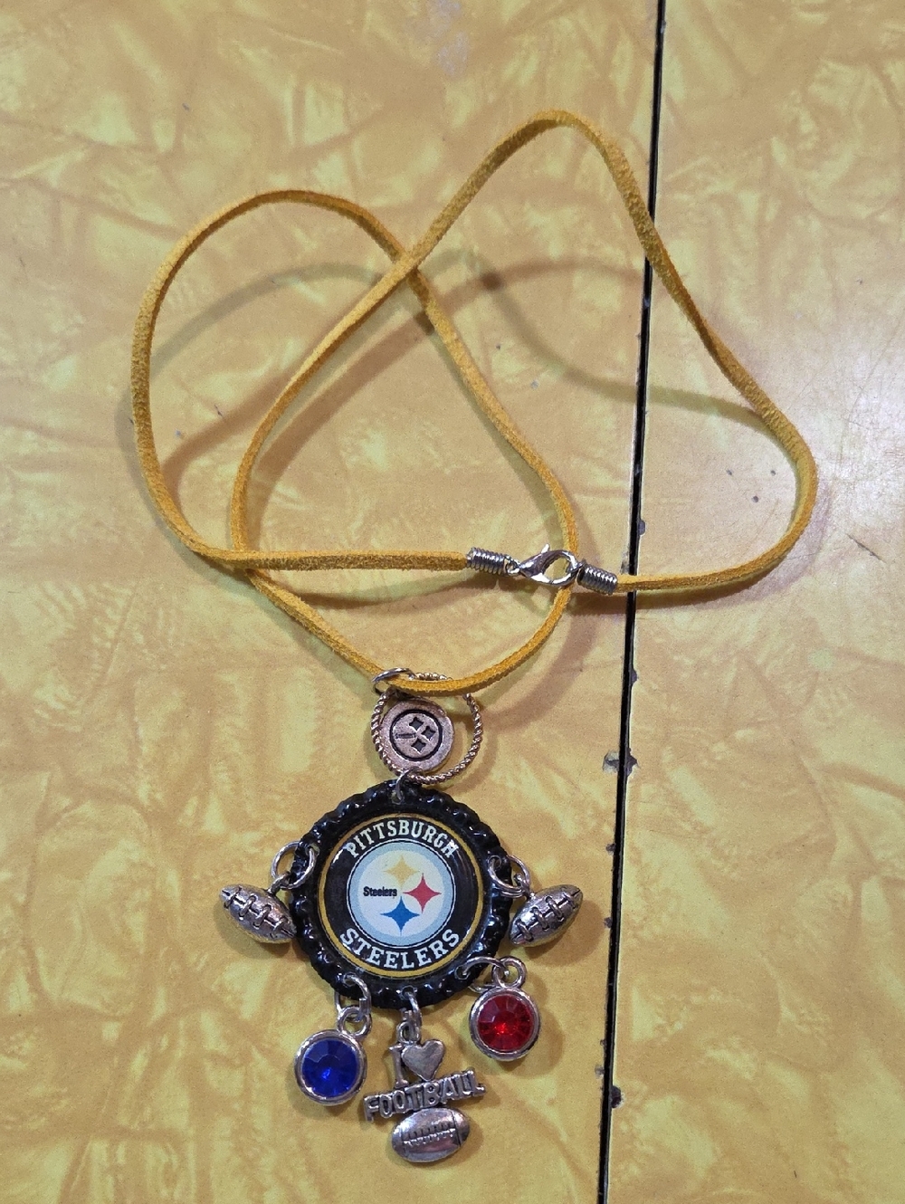 #G Pittsburgh Steelers Football Charm Necklace - Yellow Cord